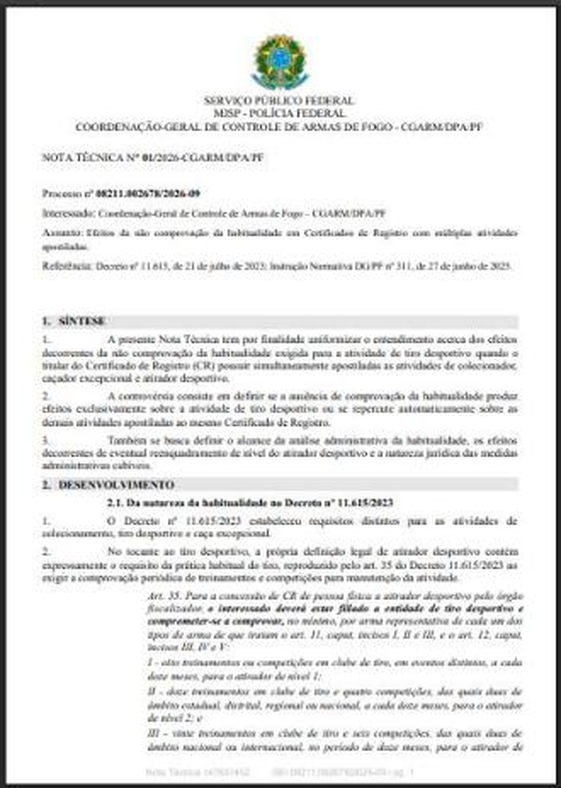 Página 1 da Nota Técnica nº 01/2026-CGARM/DPA/PF da Polícia Federal