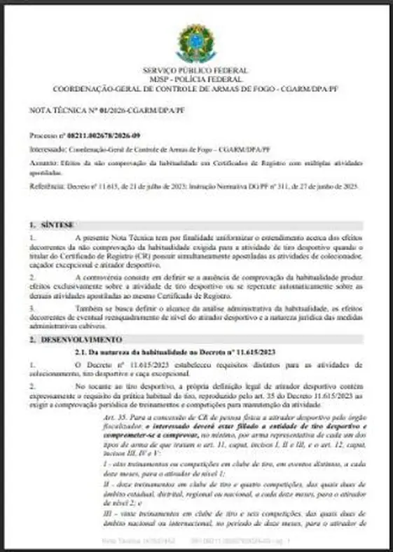 Página 1 da Nota Técnica nº 01/2026-CGARM/DPA/PF da Polícia Federal