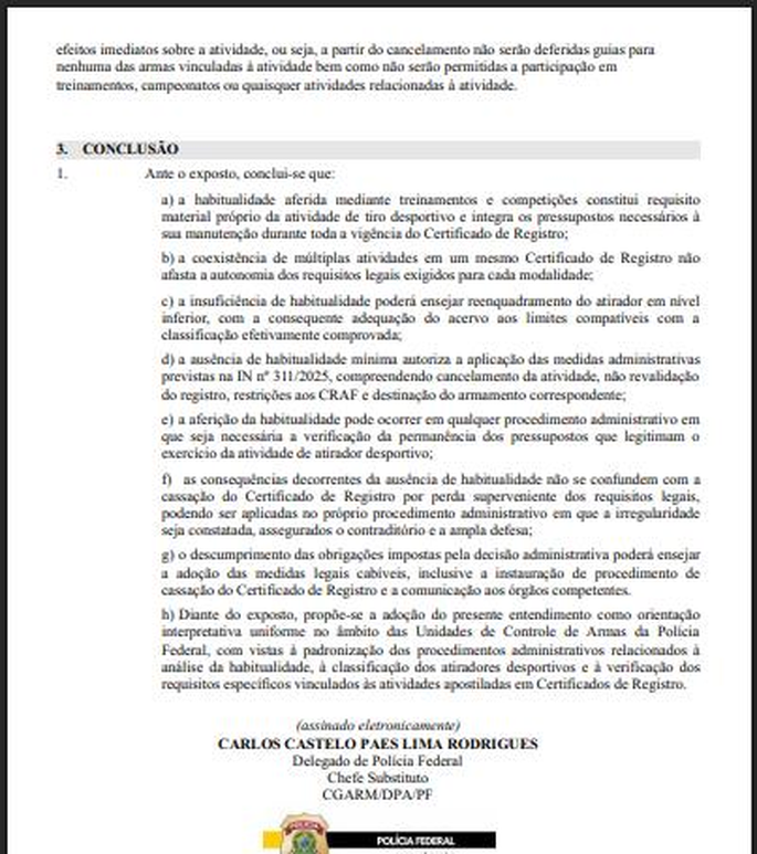Conclusões (itens a a h) da Nota Técnica nº 01/2026-CGARM/DPA/PF