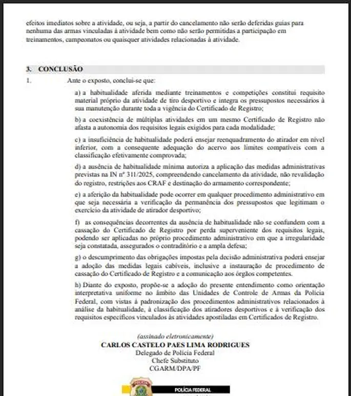 Conclusões (itens a a h) da Nota Técnica nº 01/2026-CGARM/DPA/PF