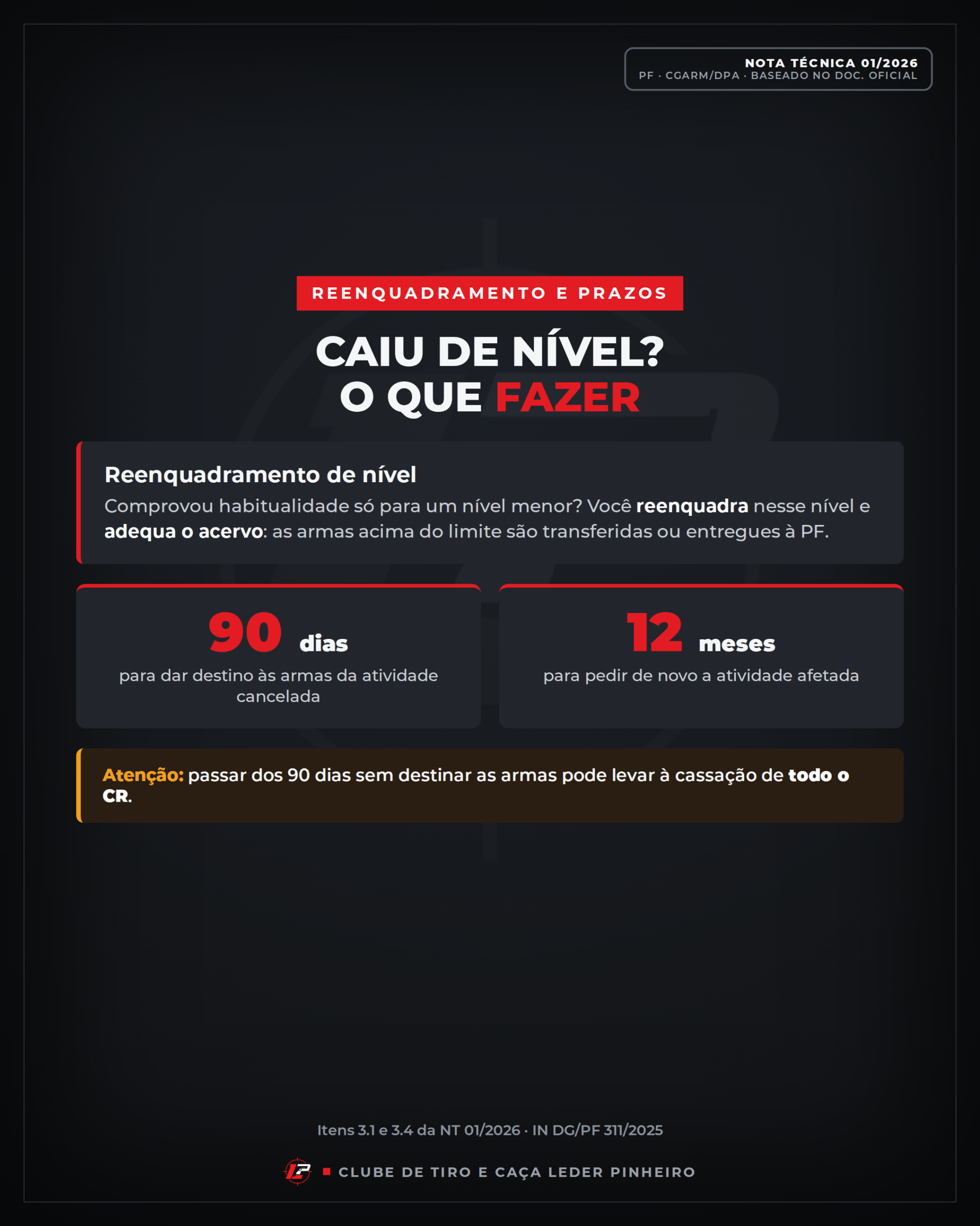 Reenquadramento e prazos: 90 dias para destinar as armas e 12 meses para pedir a atividade de novo.